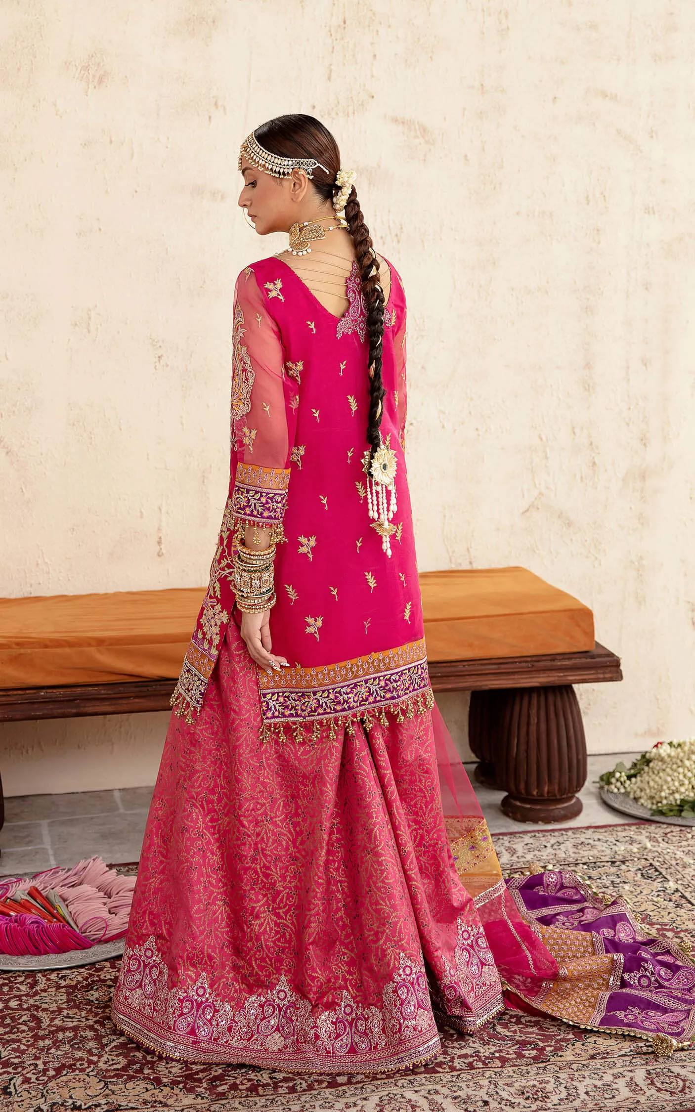 Shocking Pink Hand Embellished Pakistani Party Dress Kameez Gharara