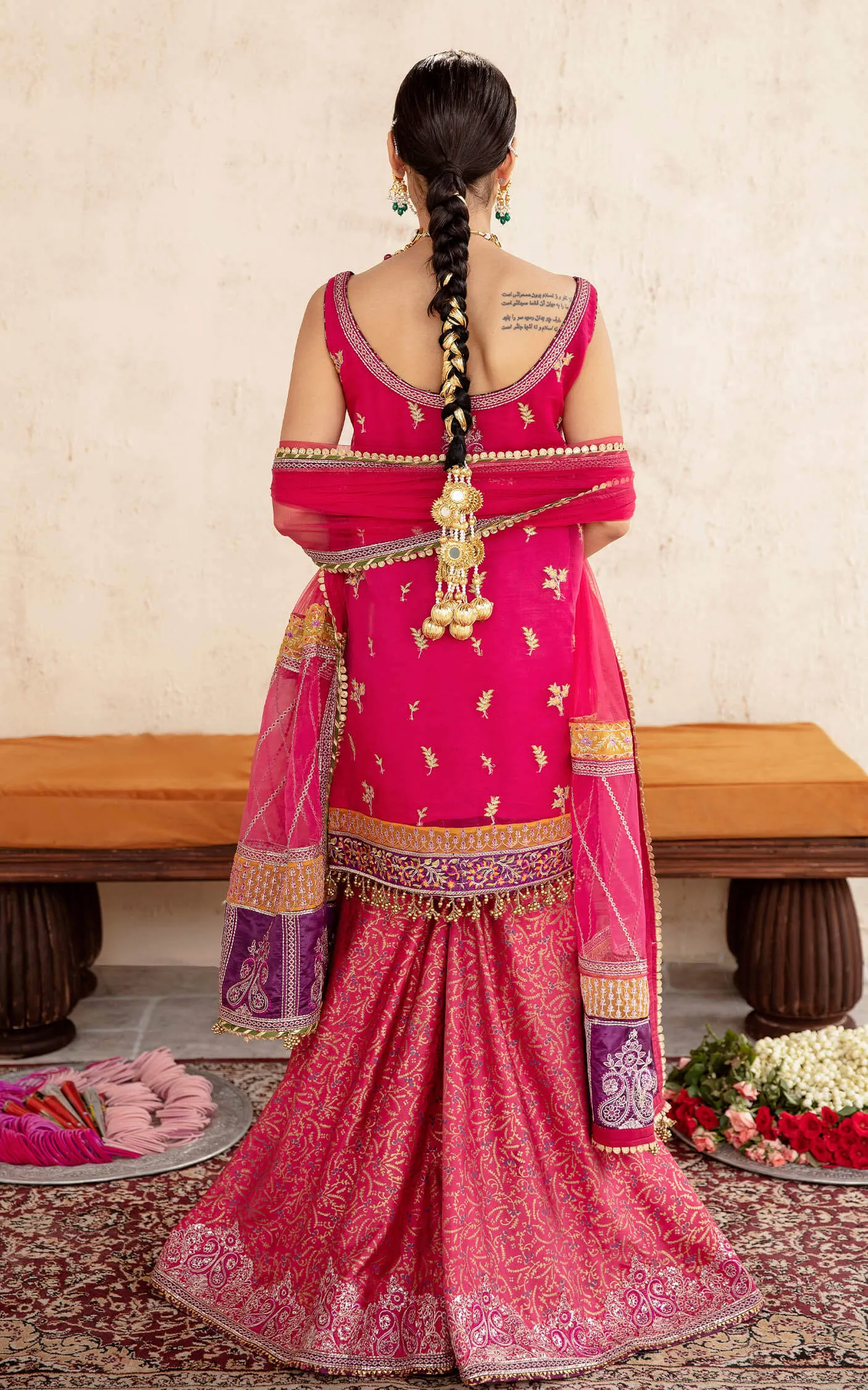 Shocking Pink Hand Embellished Pakistani Party Dress Kameez Gharara