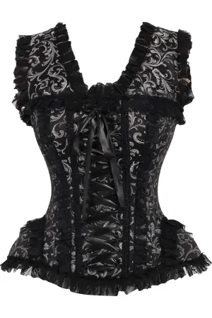 Silver and Black  Swirl Brocade and Lace Steel  Boned Corset with Cap Sleeves