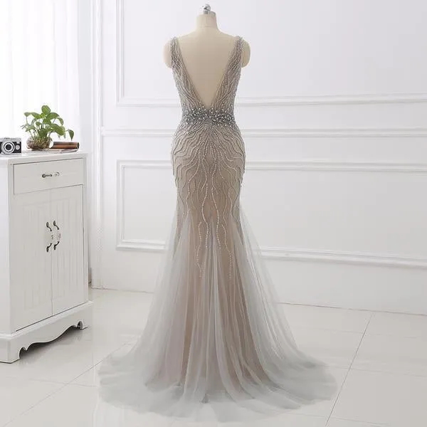 Silver Crystal V Neck Evening Prom Dress