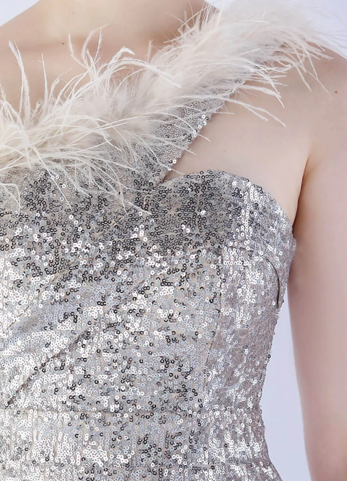 Silver Luxury One Shoulder Feather Sequin Mermaid Formal Gown