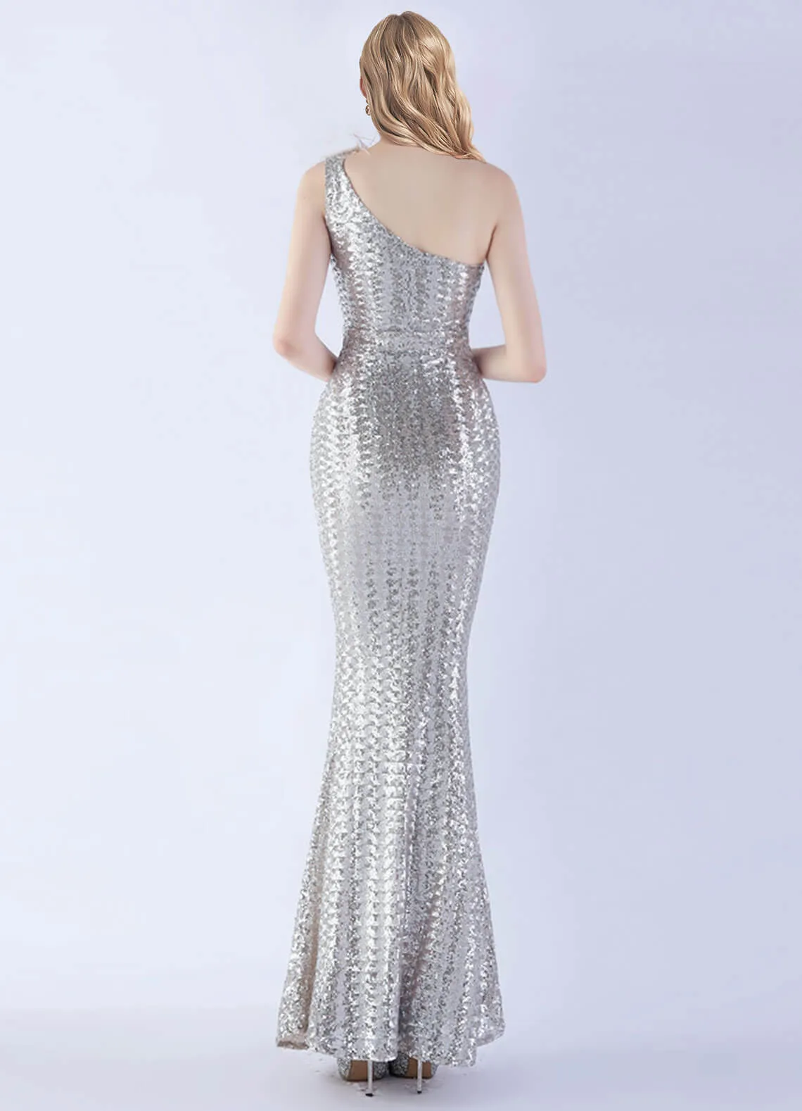 Silver Luxury One Shoulder Feather Sequin Mermaid Formal Gown