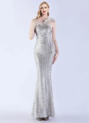 Silver Luxury One Shoulder Feather Sequin Mermaid Formal Gown