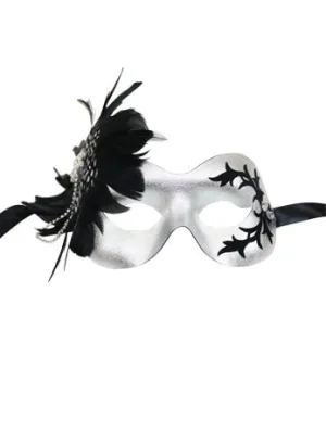 Silver Masquerade Facepiece with Black Feather