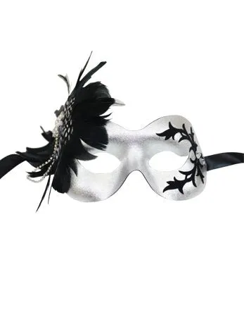 Silver Masquerade Facepiece with Black Feather