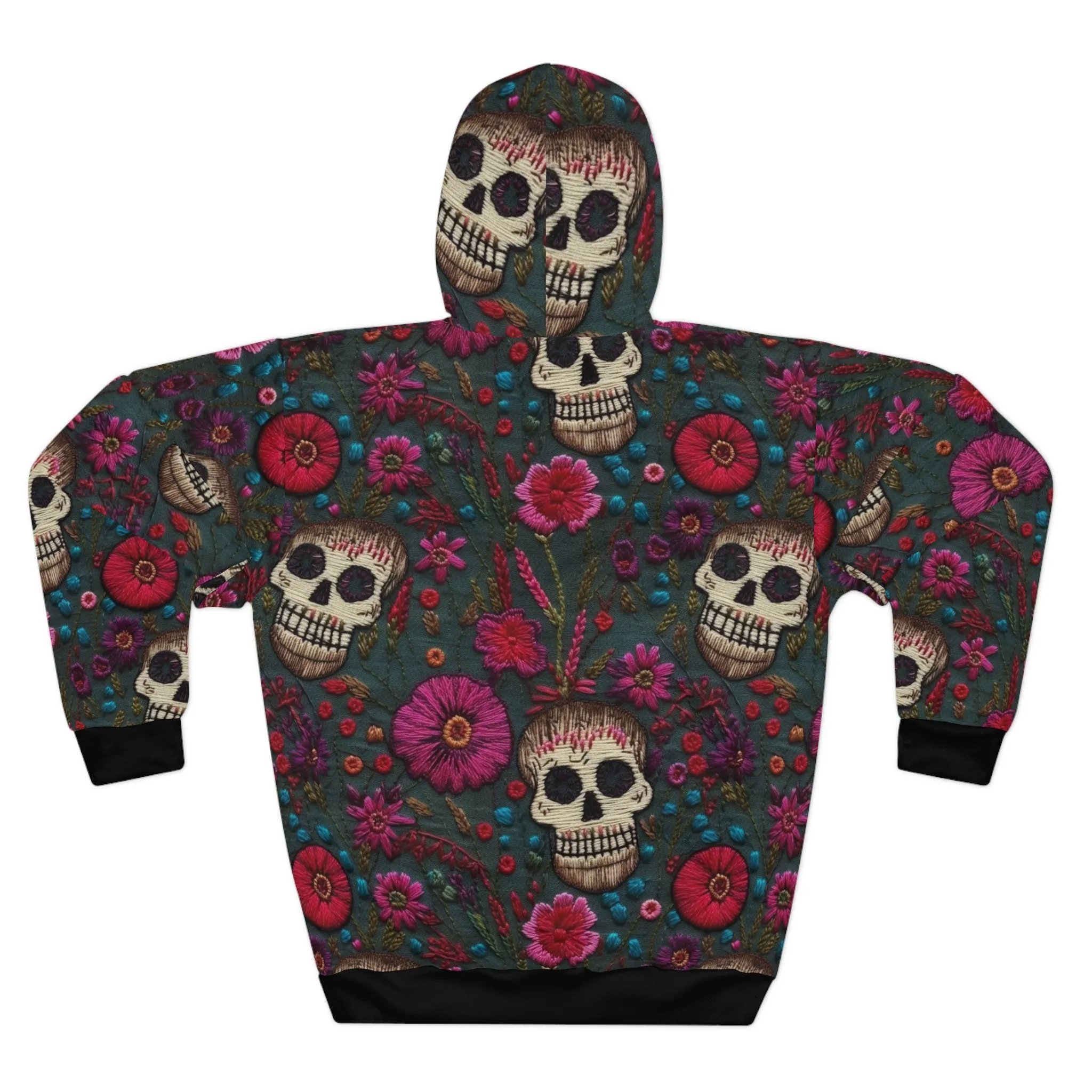 Skull & Pink Flowers Pullover Hoodie, Faux Embroidery Pattern, Halloween Season Sweatshirt, UnisexPullover Hoodie