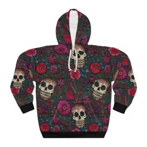 Skull & Pink Flowers Pullover Hoodie, Faux Embroidery Pattern, Halloween Season Sweatshirt, UnisexPullover Hoodie