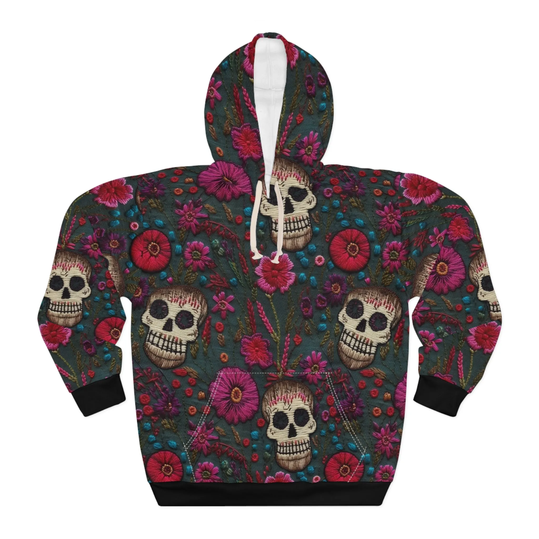 Skull & Pink Flowers Pullover Hoodie, Faux Embroidery Pattern, Halloween Season Sweatshirt, UnisexPullover Hoodie