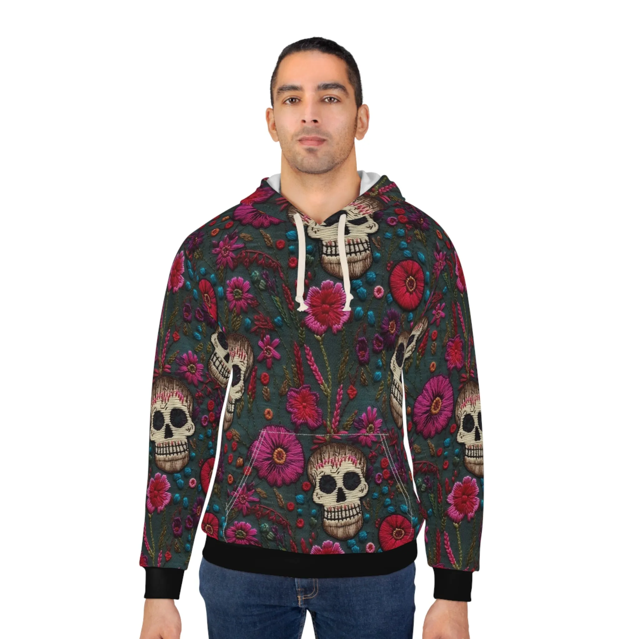 Skull & Pink Flowers Pullover Hoodie, Faux Embroidery Pattern, Halloween Season Sweatshirt, UnisexPullover Hoodie