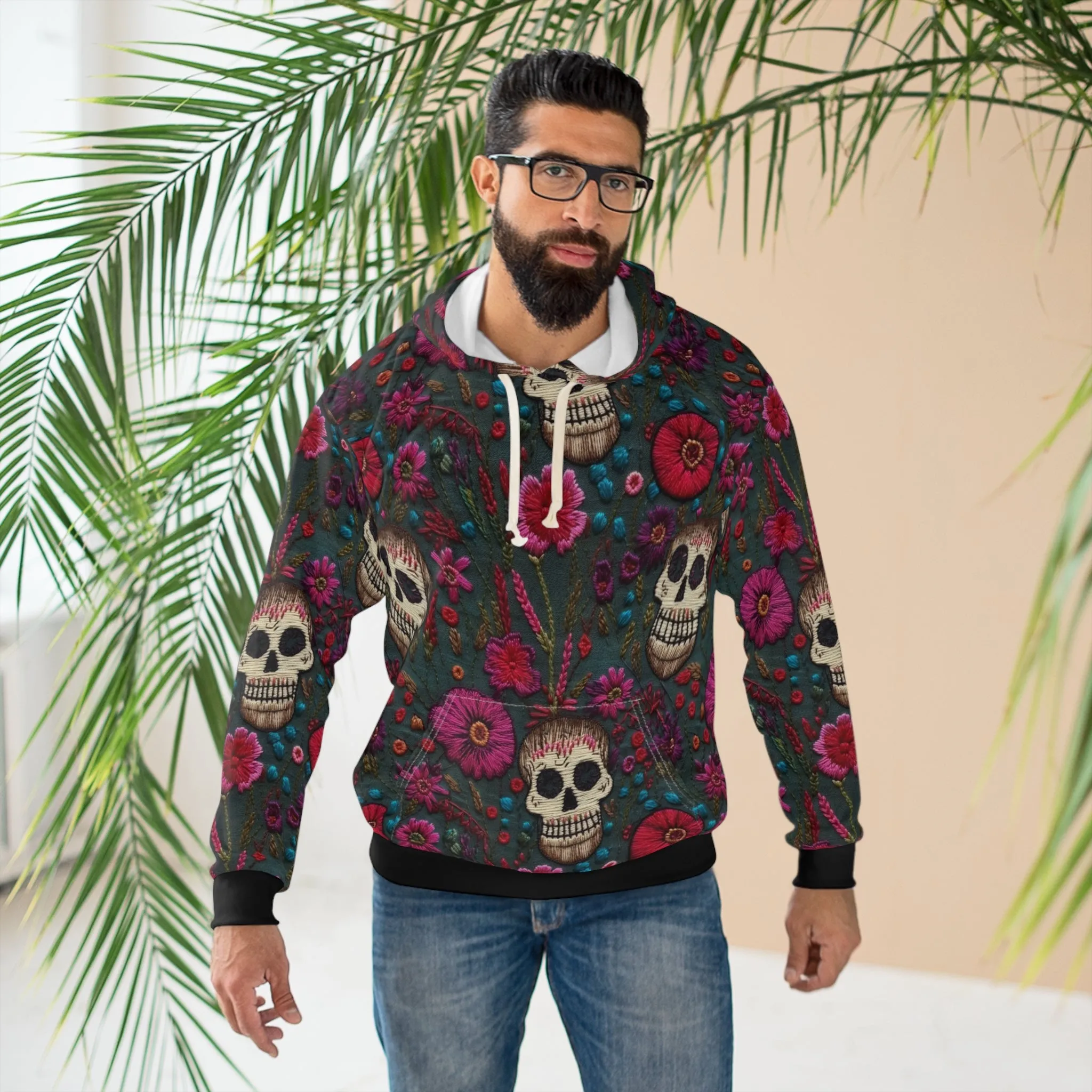 Skull & Pink Flowers Pullover Hoodie, Faux Embroidery Pattern, Halloween Season Sweatshirt, UnisexPullover Hoodie