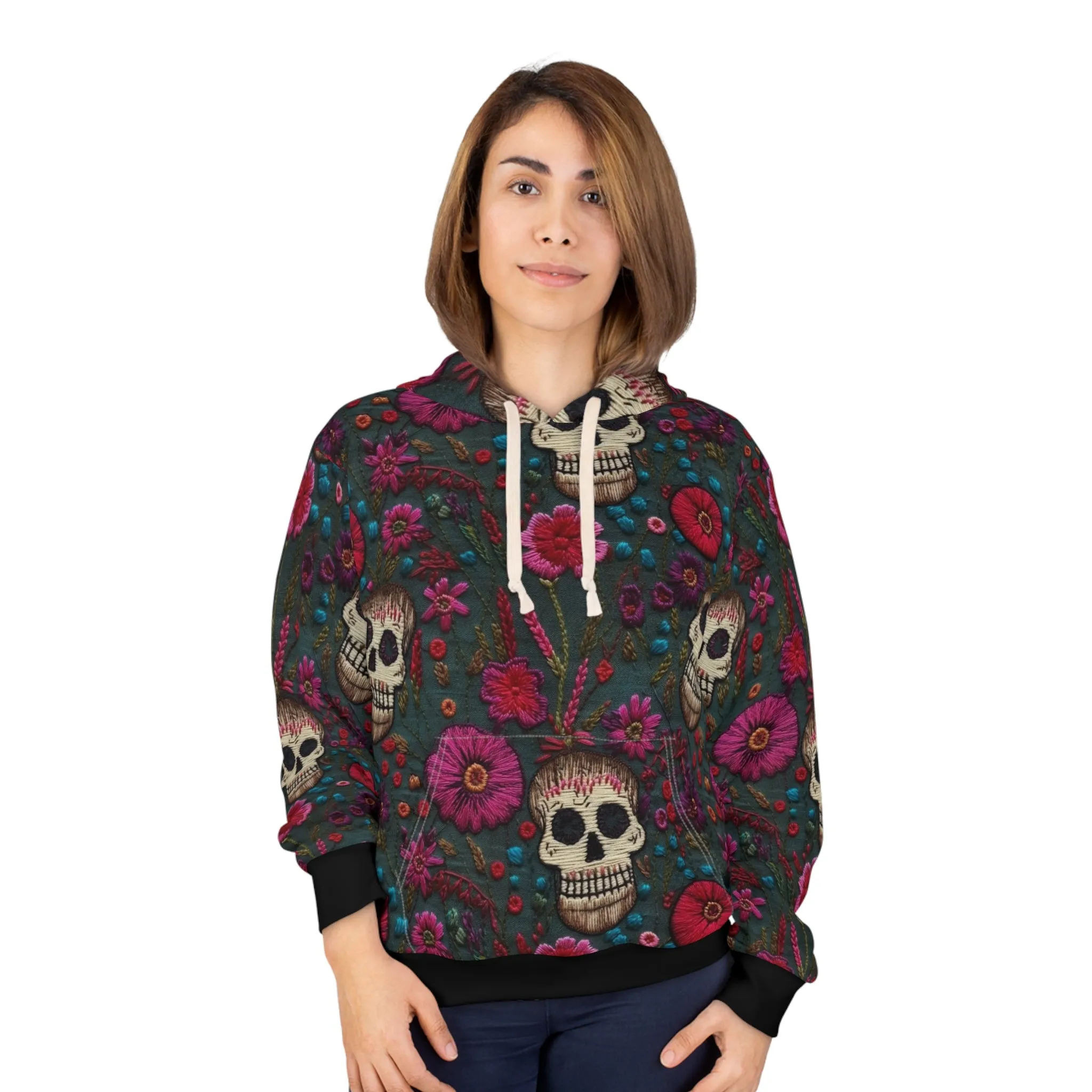Skull & Pink Flowers Pullover Hoodie, Faux Embroidery Pattern, Halloween Season Sweatshirt, UnisexPullover Hoodie
