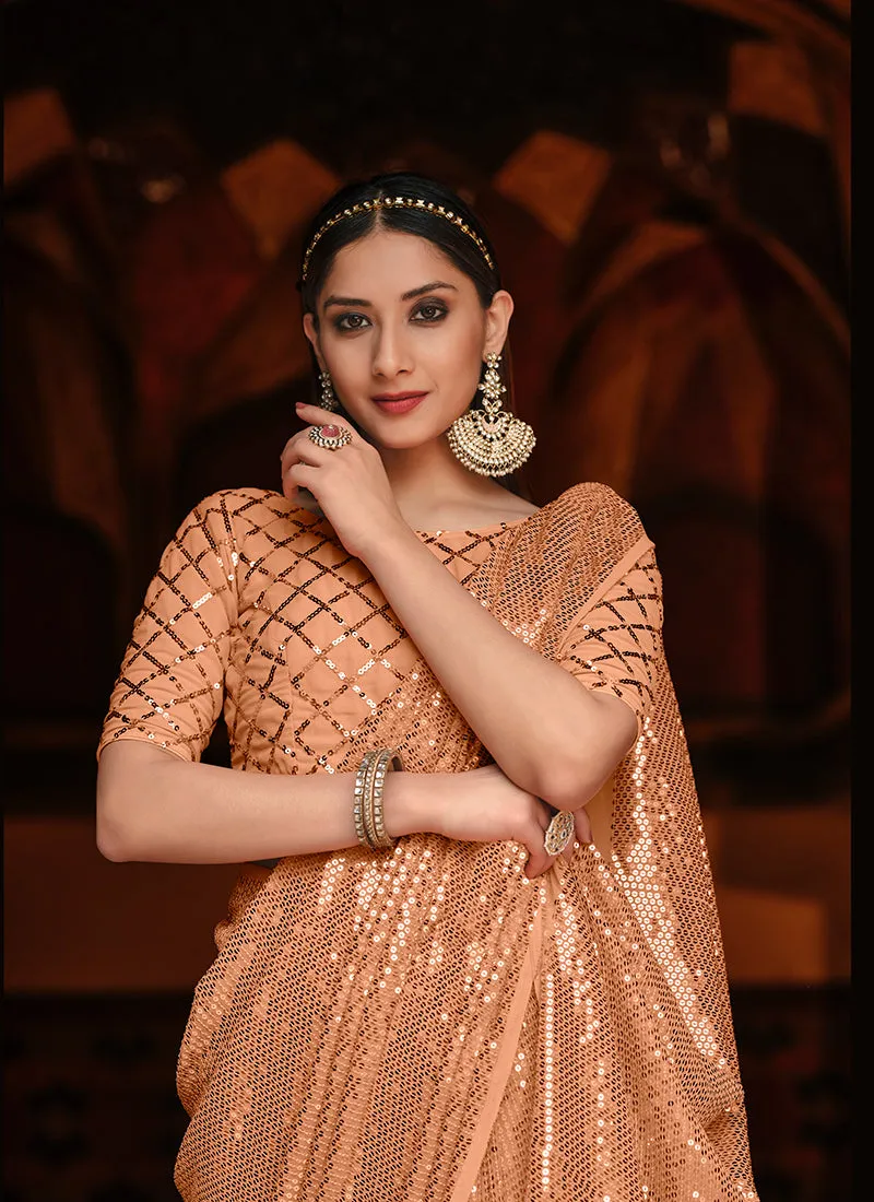 Soft Peach Sequence Embroidered Party Wear Saree