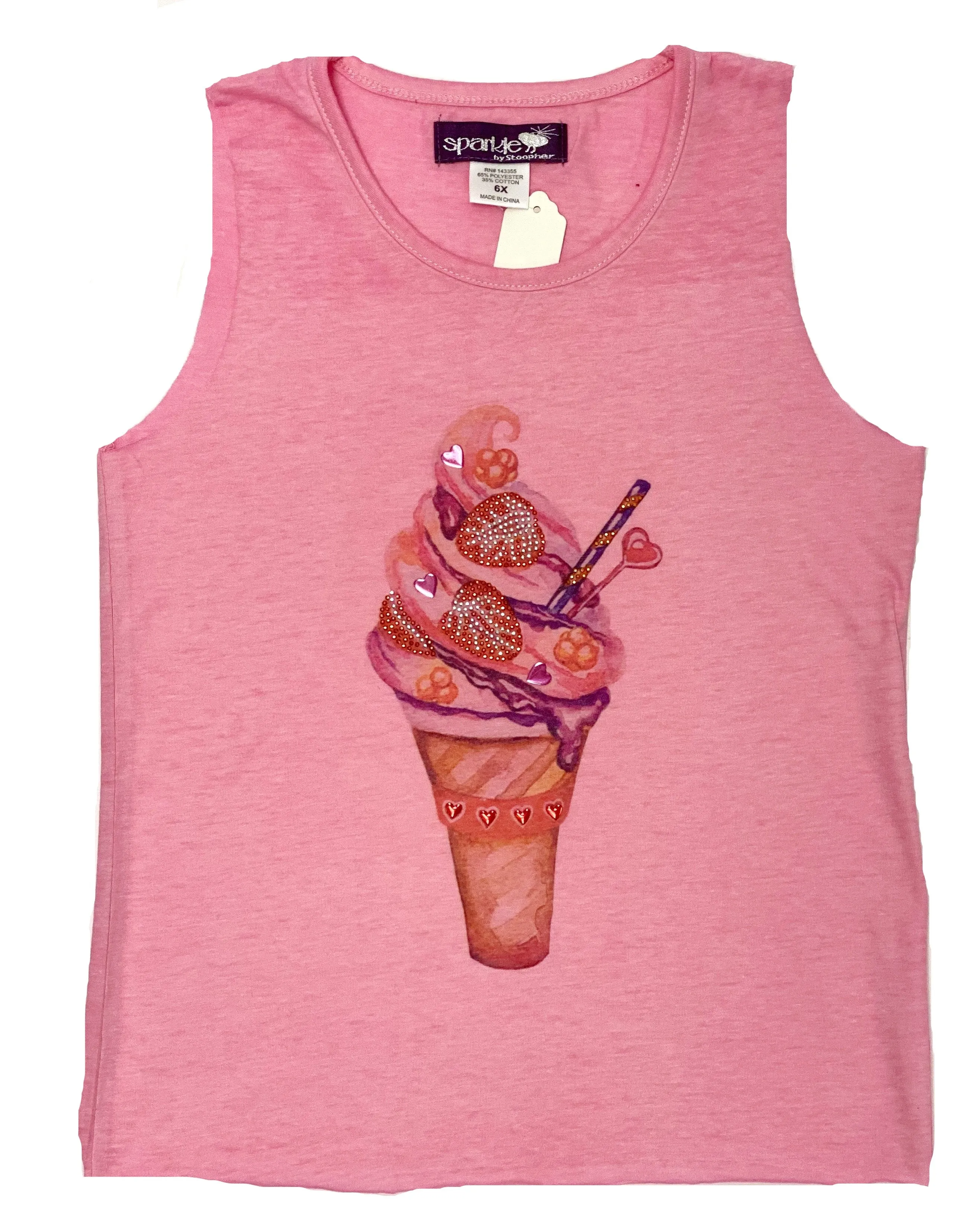 Sparkle by Stoopher Ice Cream Cone Bright Pink Raw Edge Tank