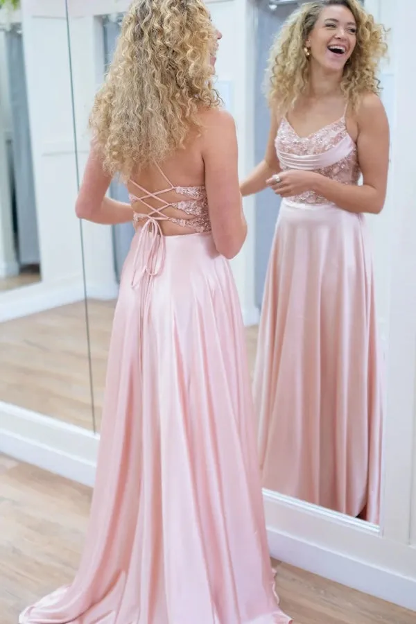 Sparkly A-Line Spaghetti Straps Flowers Pink Long Prom Dress TP1375