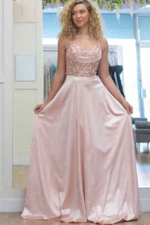 Sparkly A-Line Spaghetti Straps Flowers Pink Long Prom Dress TP1375