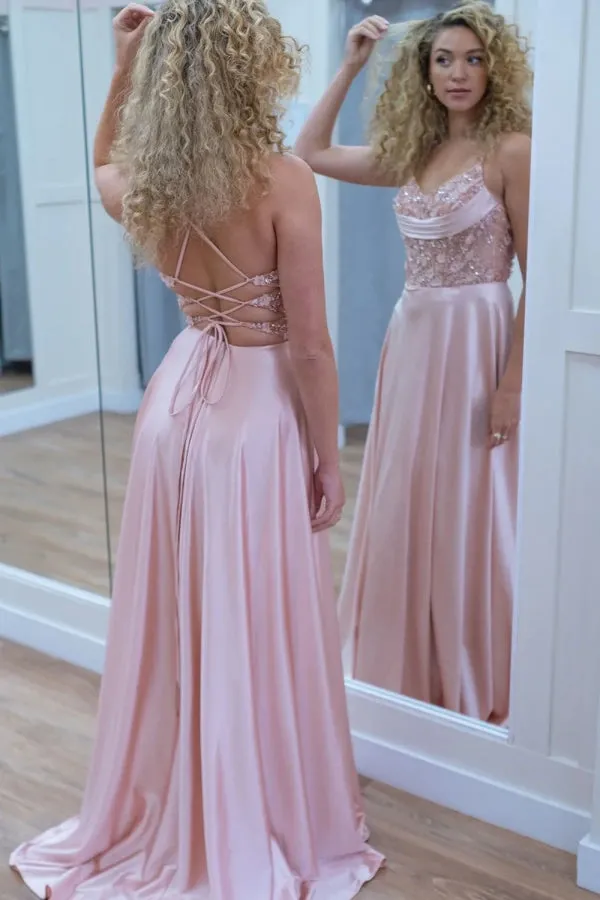 Sparkly A-Line Spaghetti Straps Flowers Pink Long Prom Dress TP1375