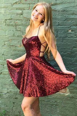 Sparkly Burgundy Homecoming Dresses Backless A-line Mini Party Dress  HD0112