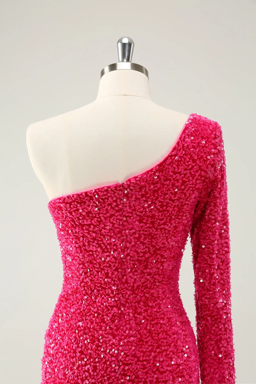 Sparkly Hot Pink Bodycon One Shoulder Long Sleeve Short Homecoming Dress with Slit