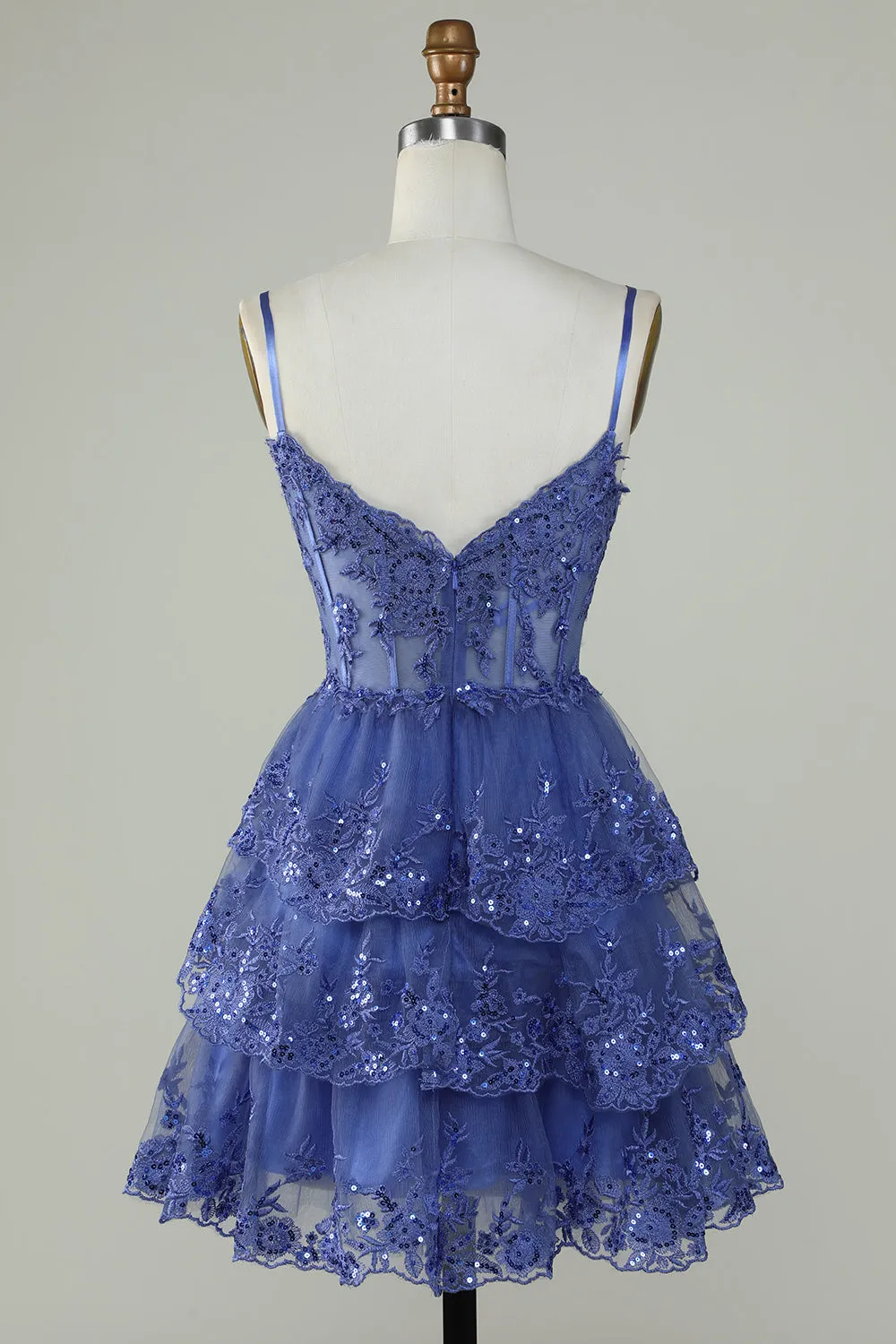 Sparkly Purple A Line Spaghetti Straps Tiered Corset Short Homecoming Dress