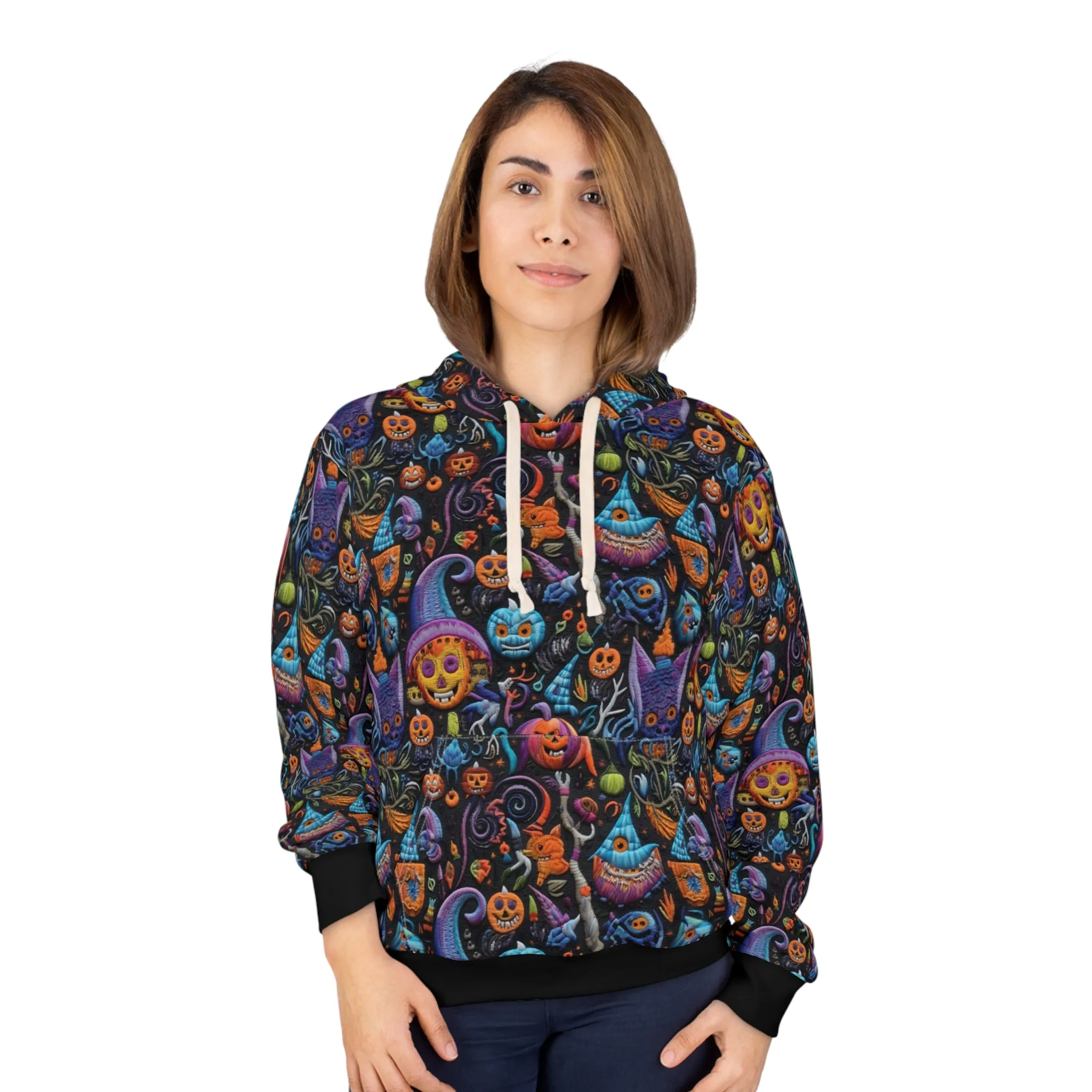 Spooky Mix Pullover Hoodie, Simulated Embroidery Orange and Blue Pattern, Fall Season Sweatshirt, UnisexPullover Hoodie