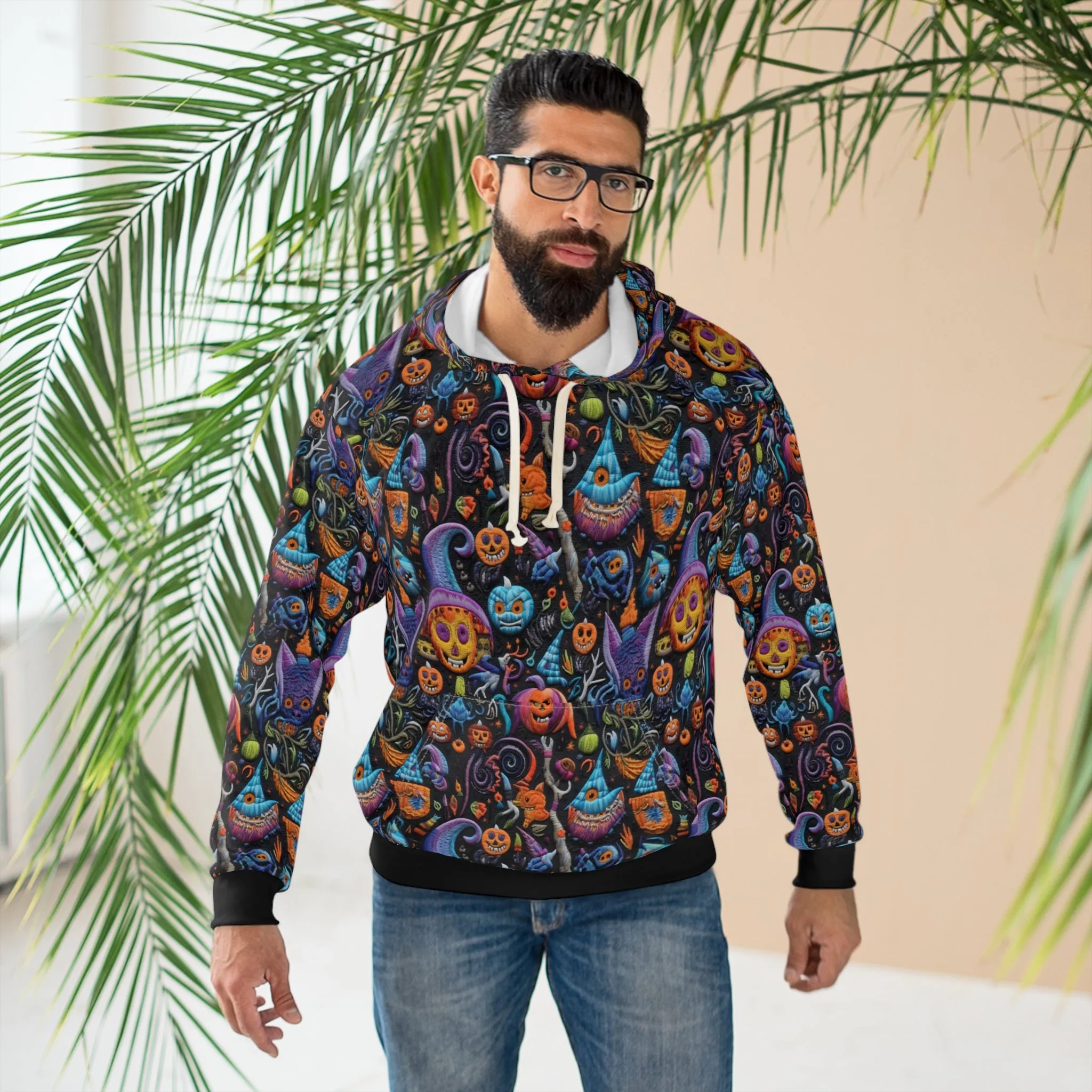 Spooky Mix Pullover Hoodie, Simulated Embroidery Orange and Blue Pattern, Fall Season Sweatshirt, UnisexPullover Hoodie