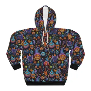 Spooky Mix Pullover Hoodie, Simulated Embroidery Orange and Blue Pattern, Fall Season Sweatshirt, UnisexPullover Hoodie