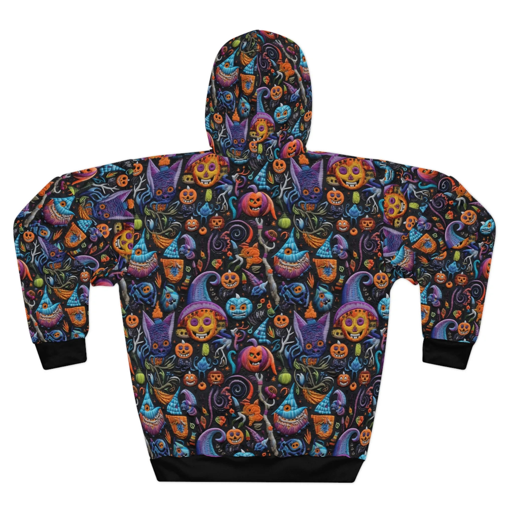 Spooky Mix Pullover Hoodie, Simulated Embroidery Orange and Blue Pattern, Fall Season Sweatshirt, UnisexPullover Hoodie