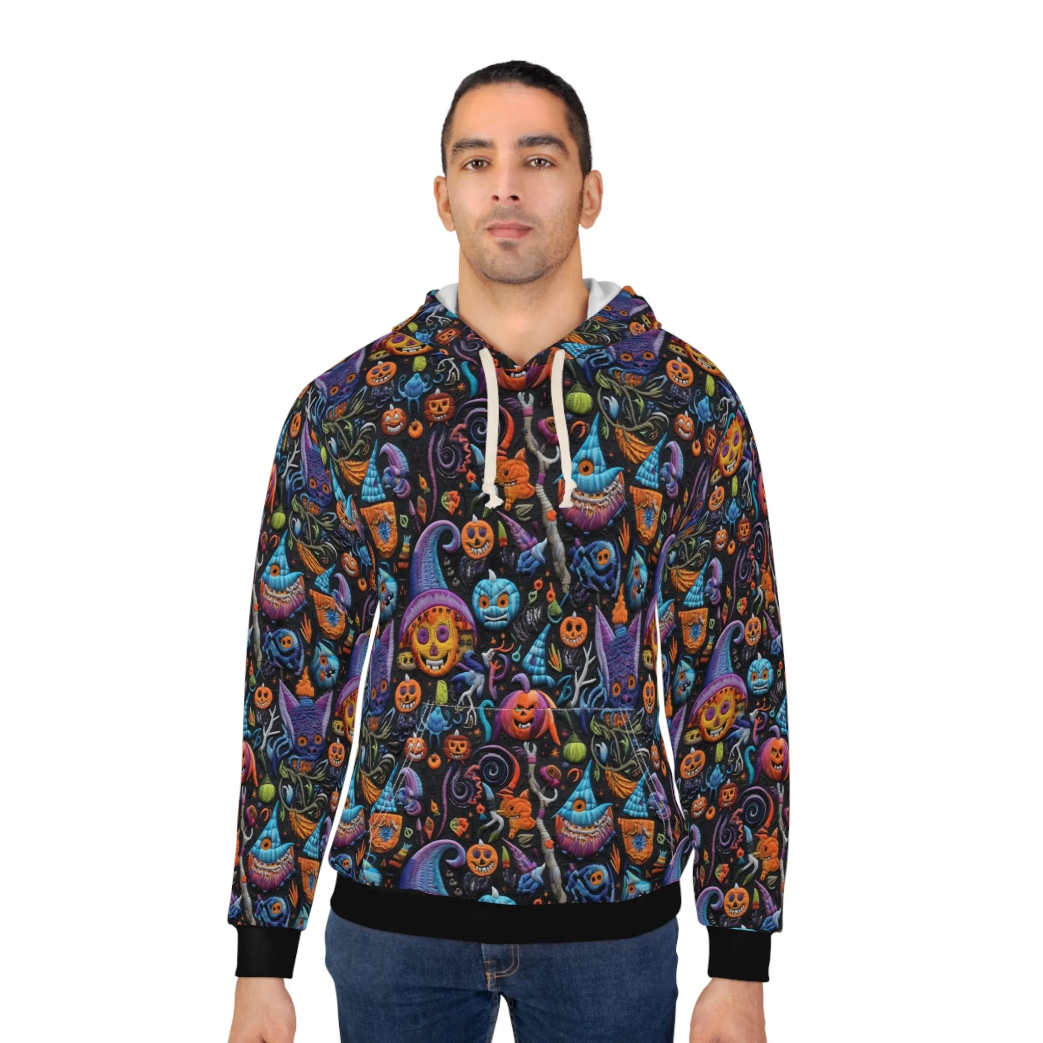 Spooky Mix Pullover Hoodie, Simulated Embroidery Orange and Blue Pattern, Fall Season Sweatshirt, UnisexPullover Hoodie