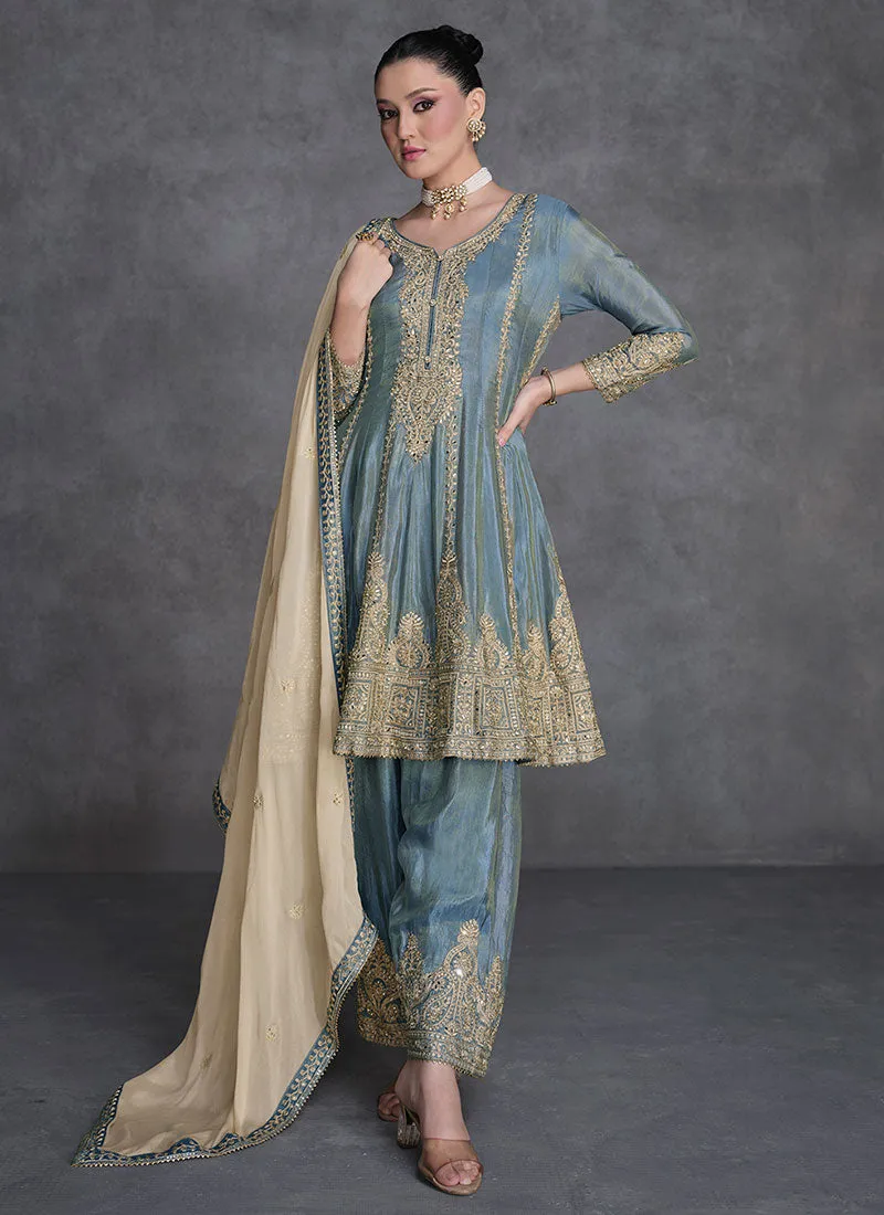 Teal Blue Reshamkari Embroidery Anarkali Afghani Suit