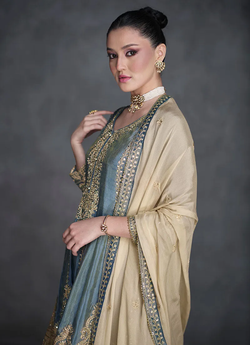 Teal Blue Reshamkari Embroidery Anarkali Afghani Suit