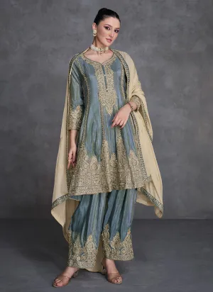 Teal Blue Reshamkari Embroidery Anarkali Afghani Suit