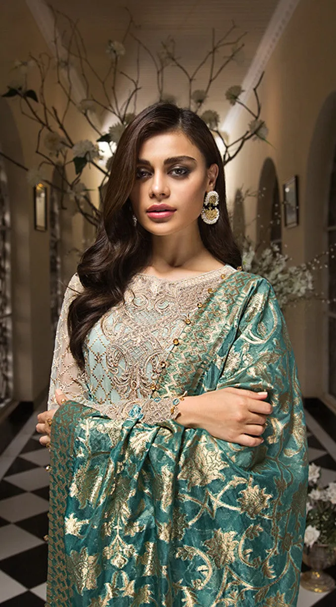 Traditional Pakistani designer dress in aqua blue color # P2257