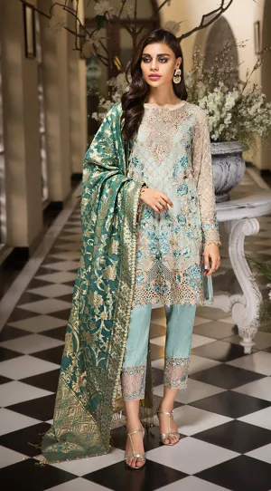 Traditional Pakistani designer dress in aqua blue color # P2257