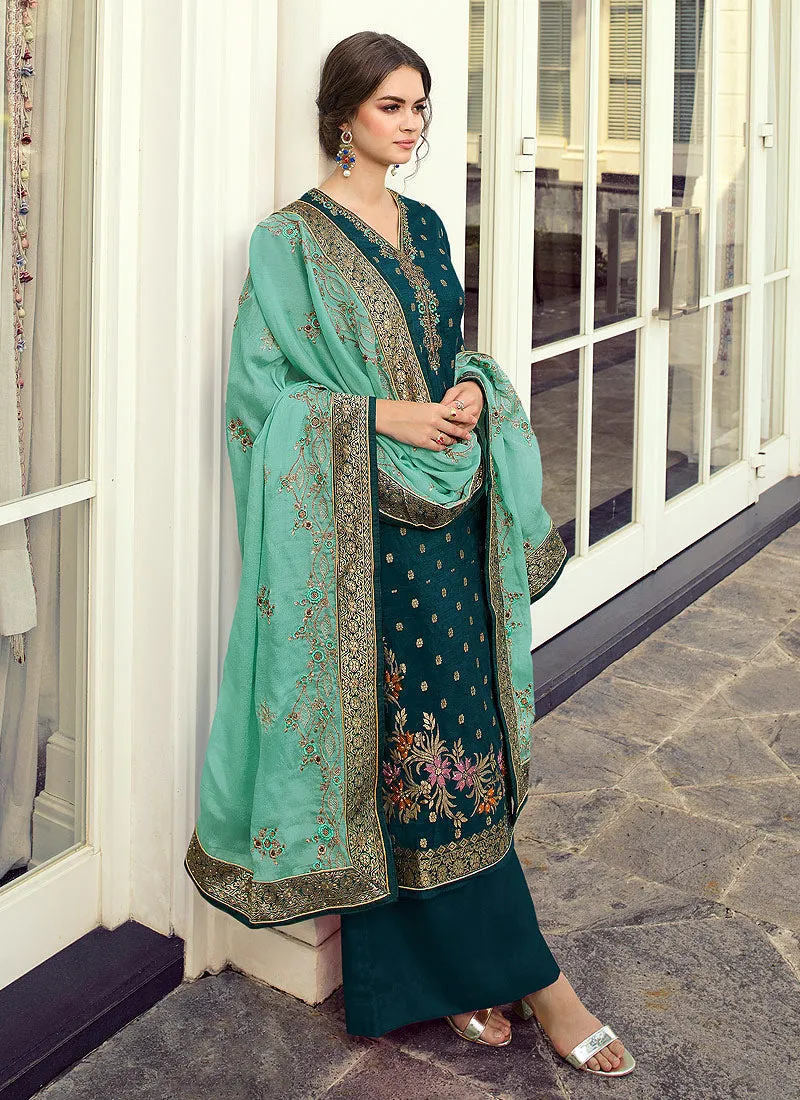 Turquoise Multi Embroidered Palazzo Suit
