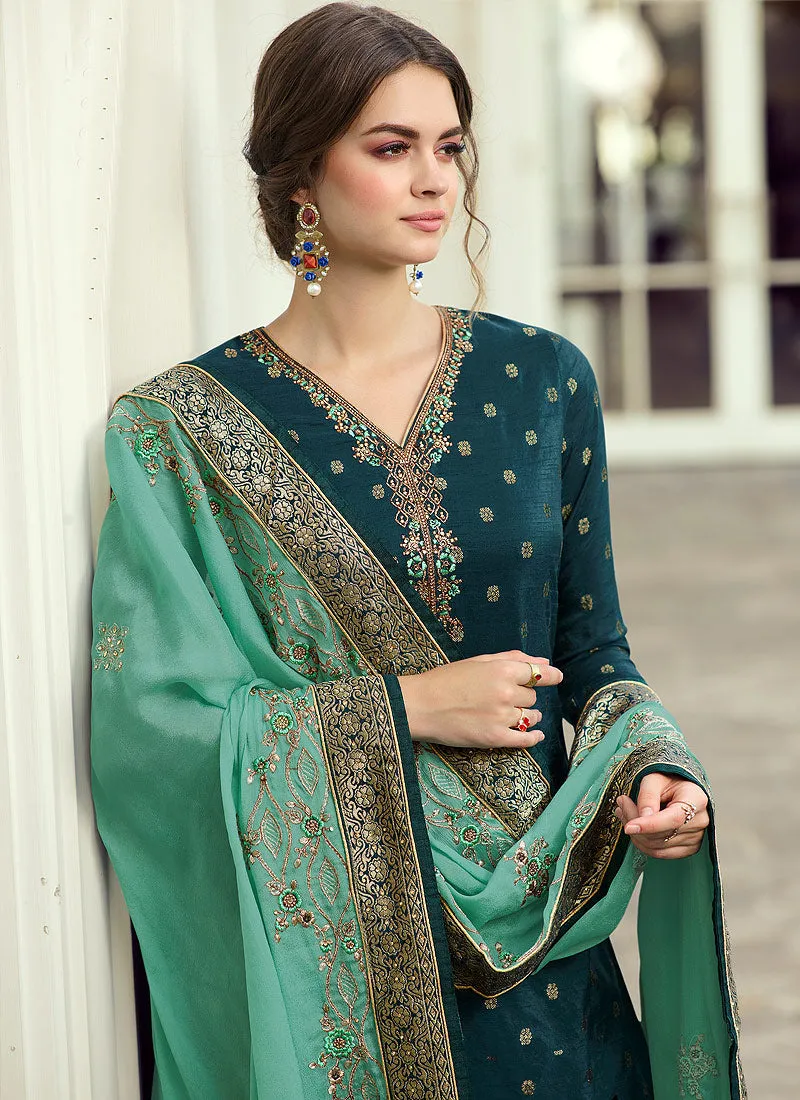 Turquoise Multi Embroidered Palazzo Suit