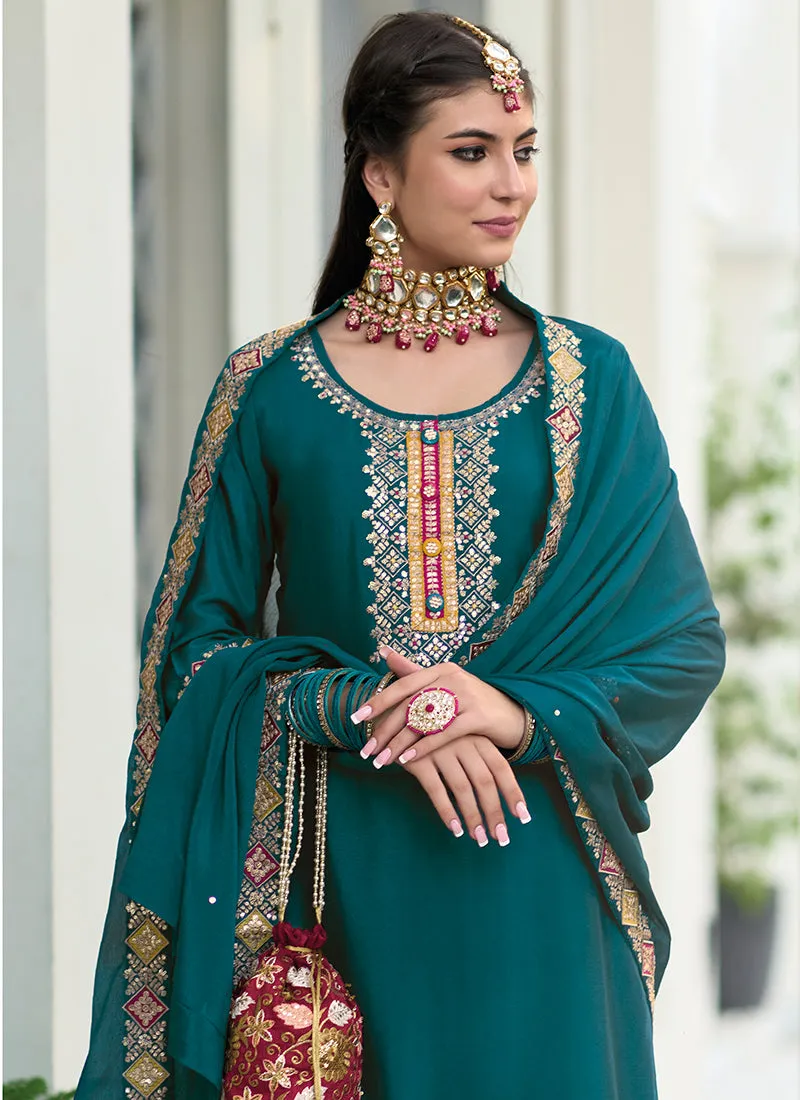 Turquoise Multi Embroidery Traditional Gharara Style Suit