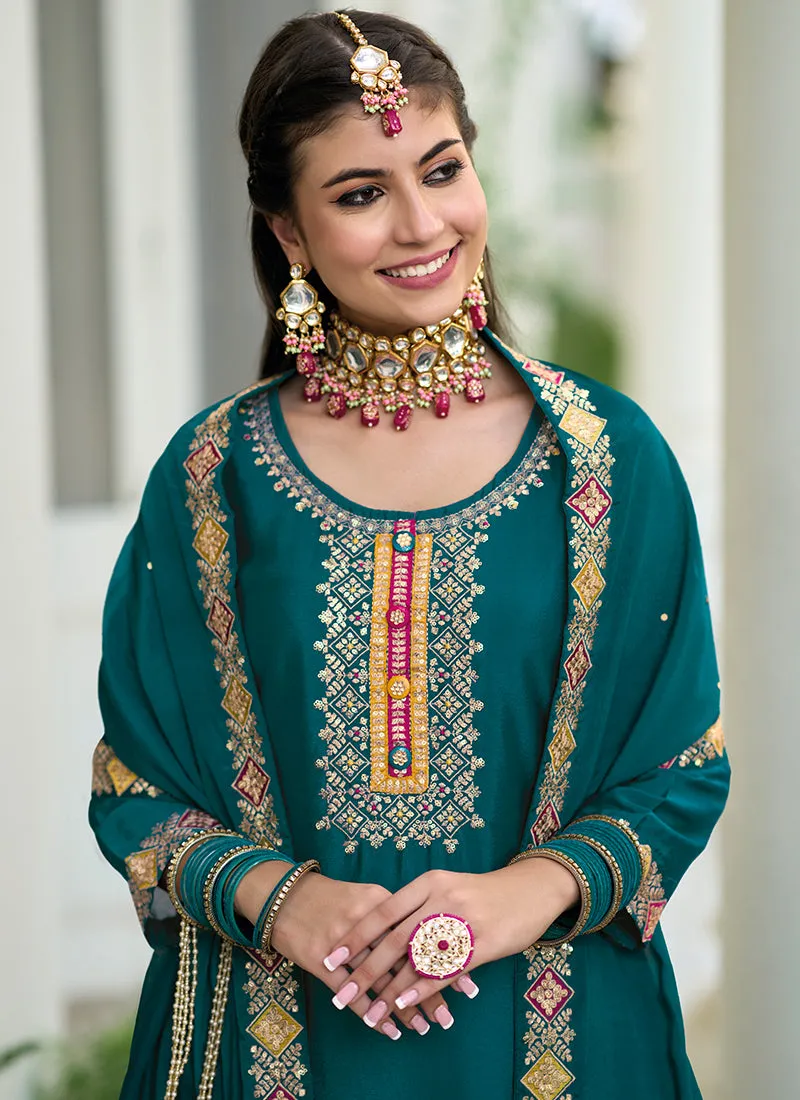 Turquoise Multi Embroidery Traditional Gharara Style Suit