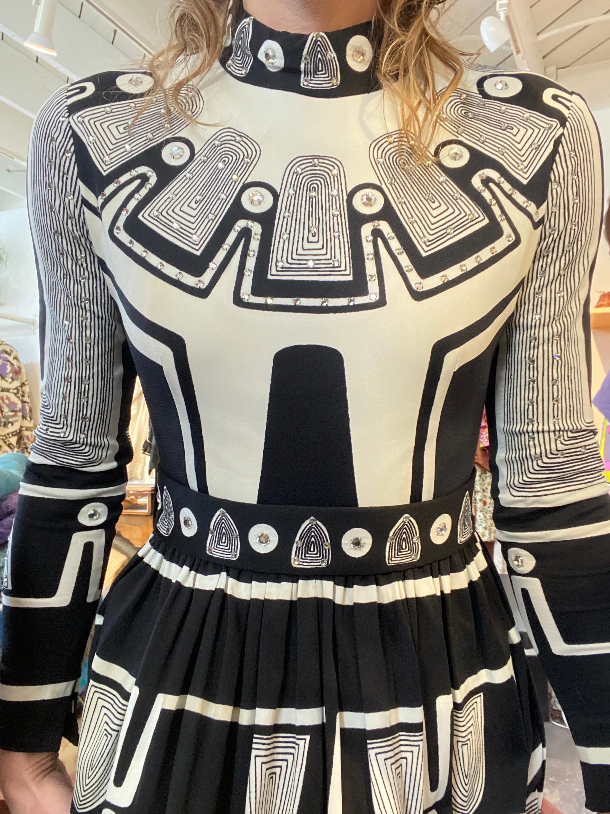 Vintage Black and White Pattern Maxi Dress with Rhinestones