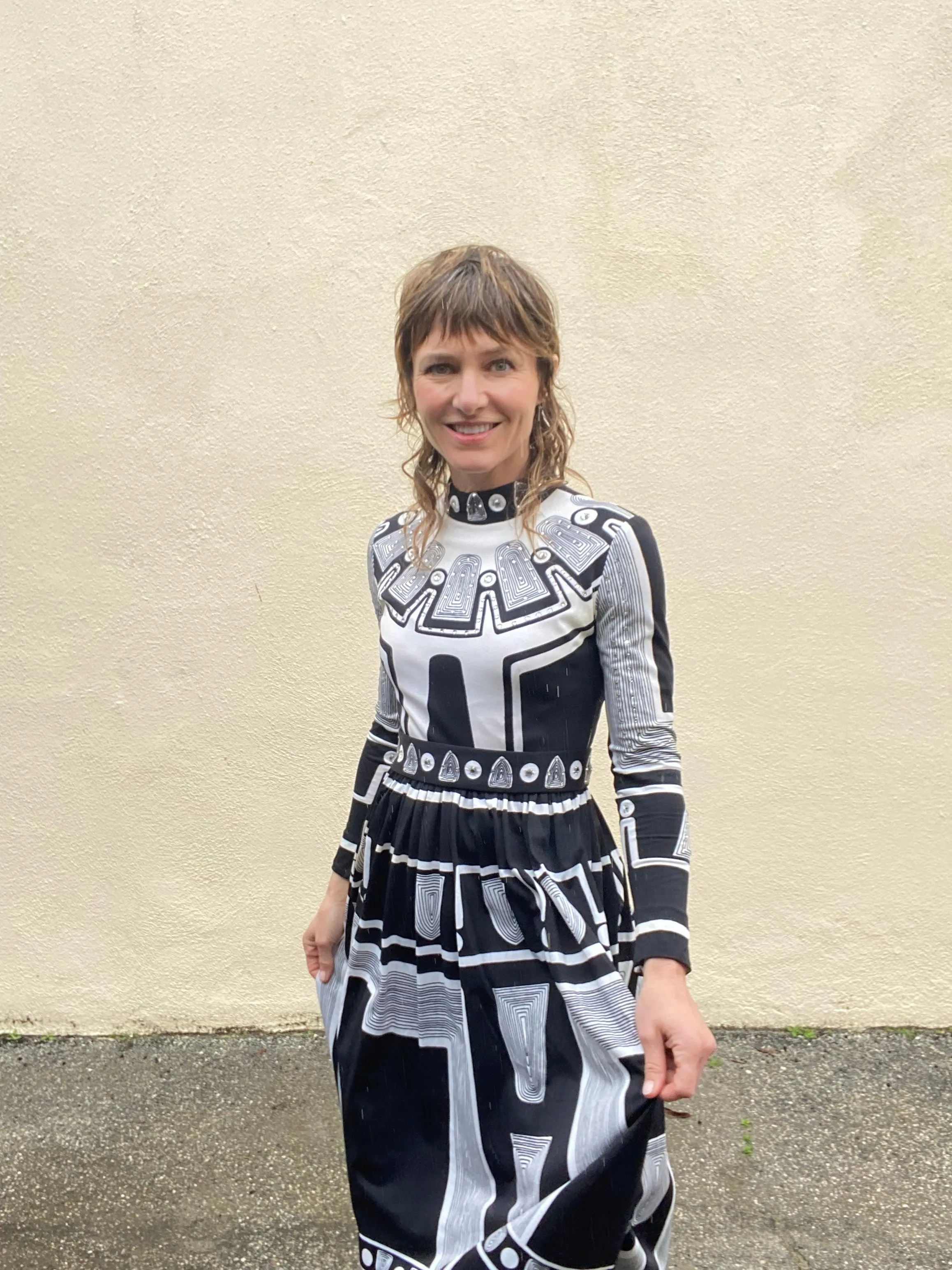 Vintage Black and White Pattern Maxi Dress with Rhinestones