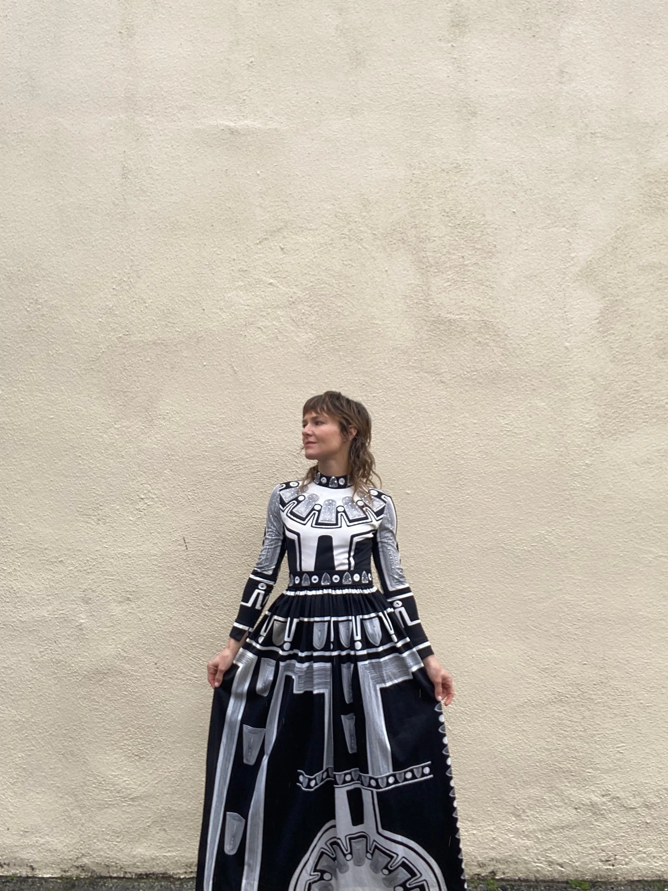 Vintage Black and White Pattern Maxi Dress with Rhinestones