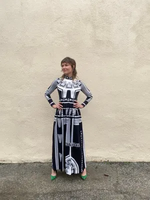 Vintage Black and White Pattern Maxi Dress with Rhinestones