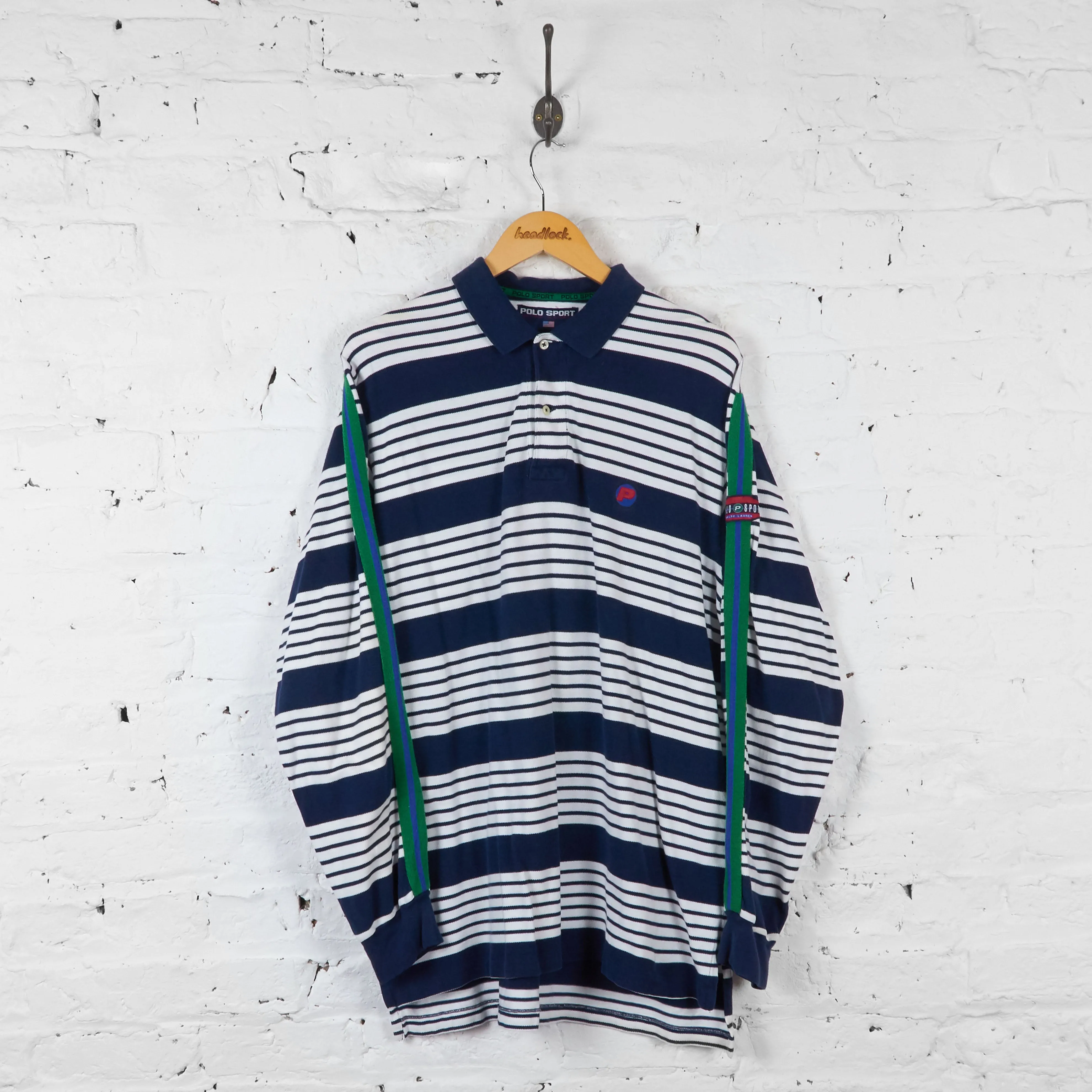 Vintage Ralph Lauren Polo Sport Striped Polo Shirt - Navy/White - L