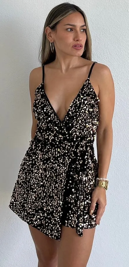 Walk with You Black & Gold Sequins Romper
