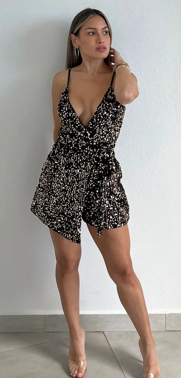 Walk with You Black & Gold Sequins Romper