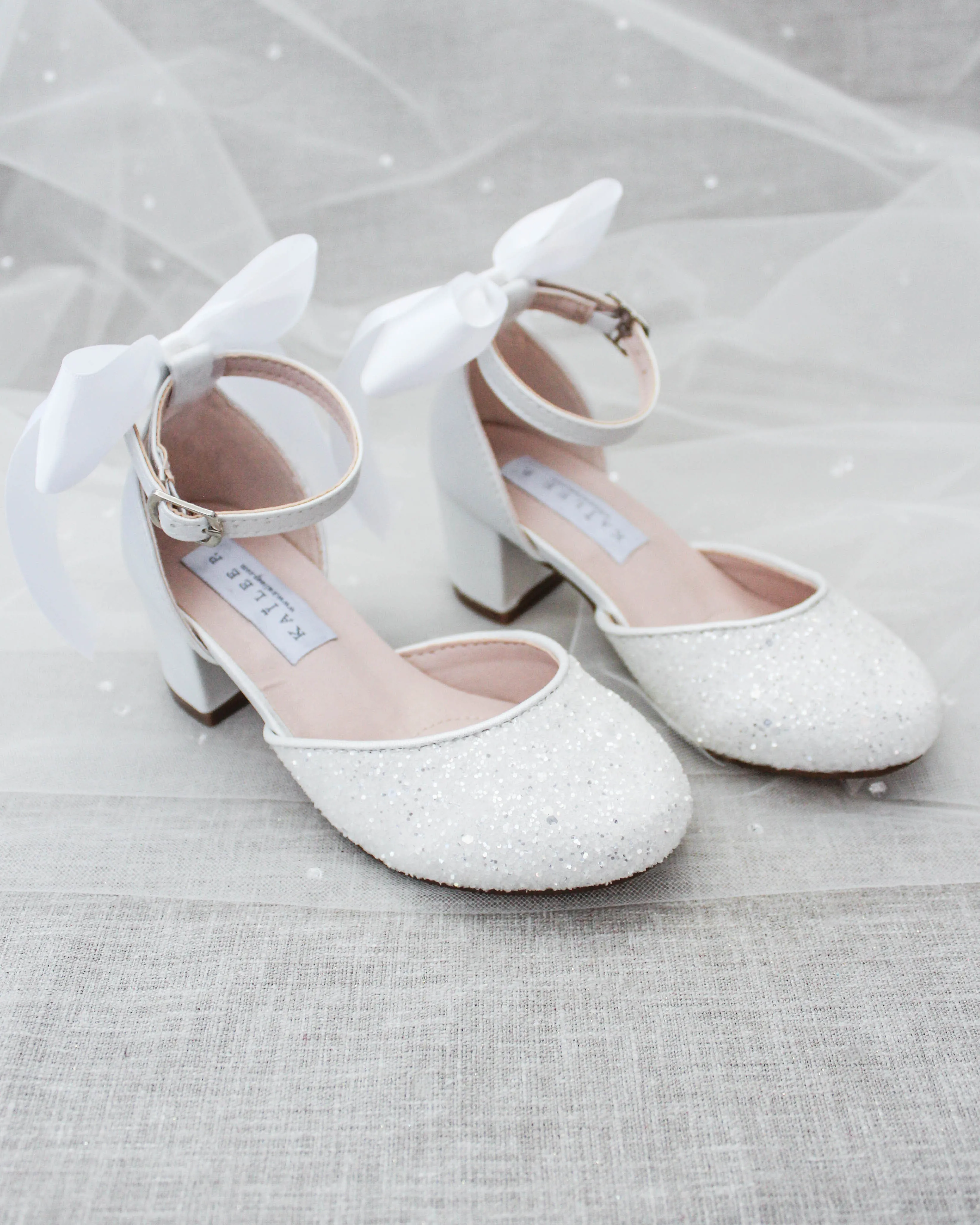 White Rock Glitter Kids Block Heel with Satin Back Bow