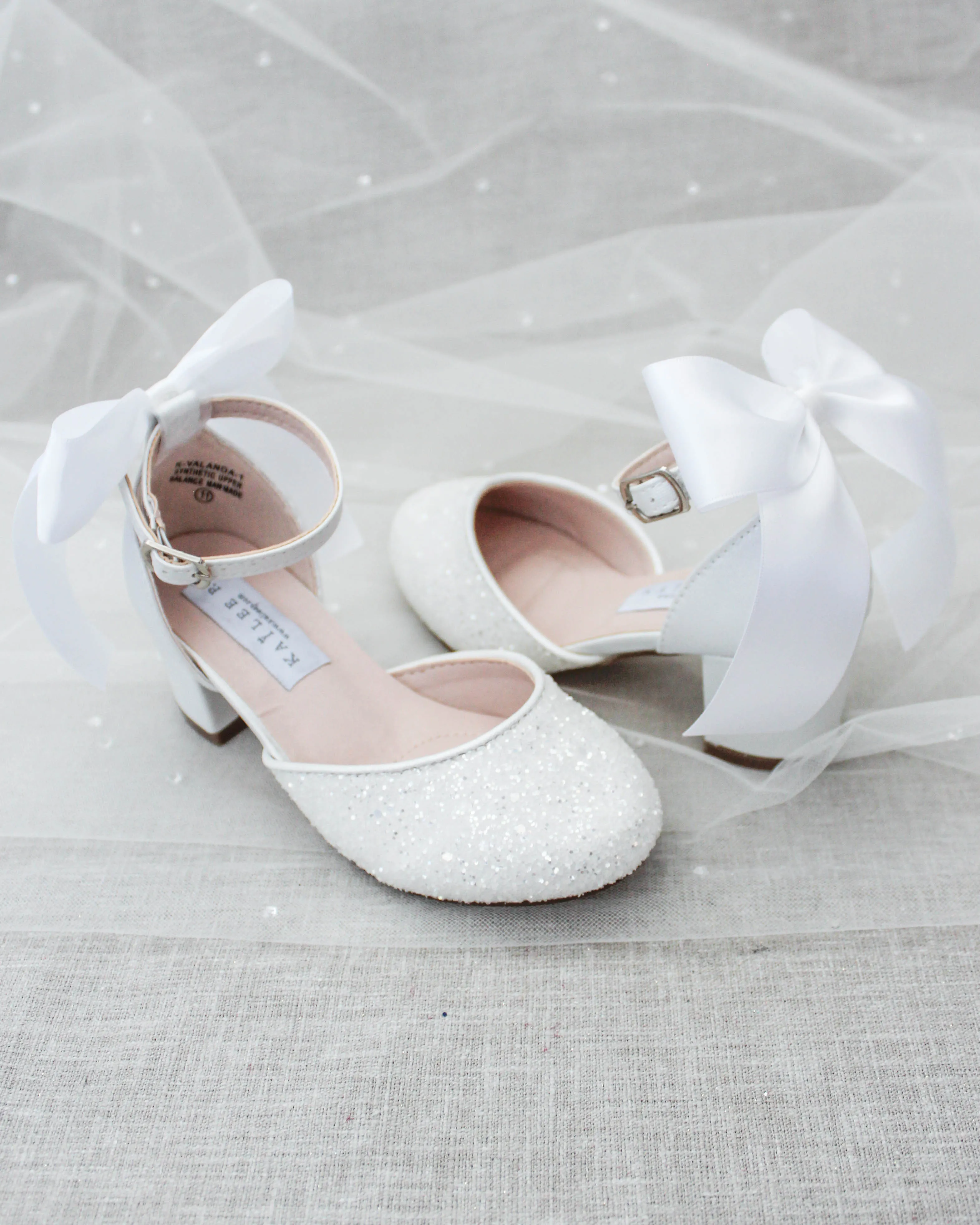 White Rock Glitter Kids Block Heel with Satin Back Bow