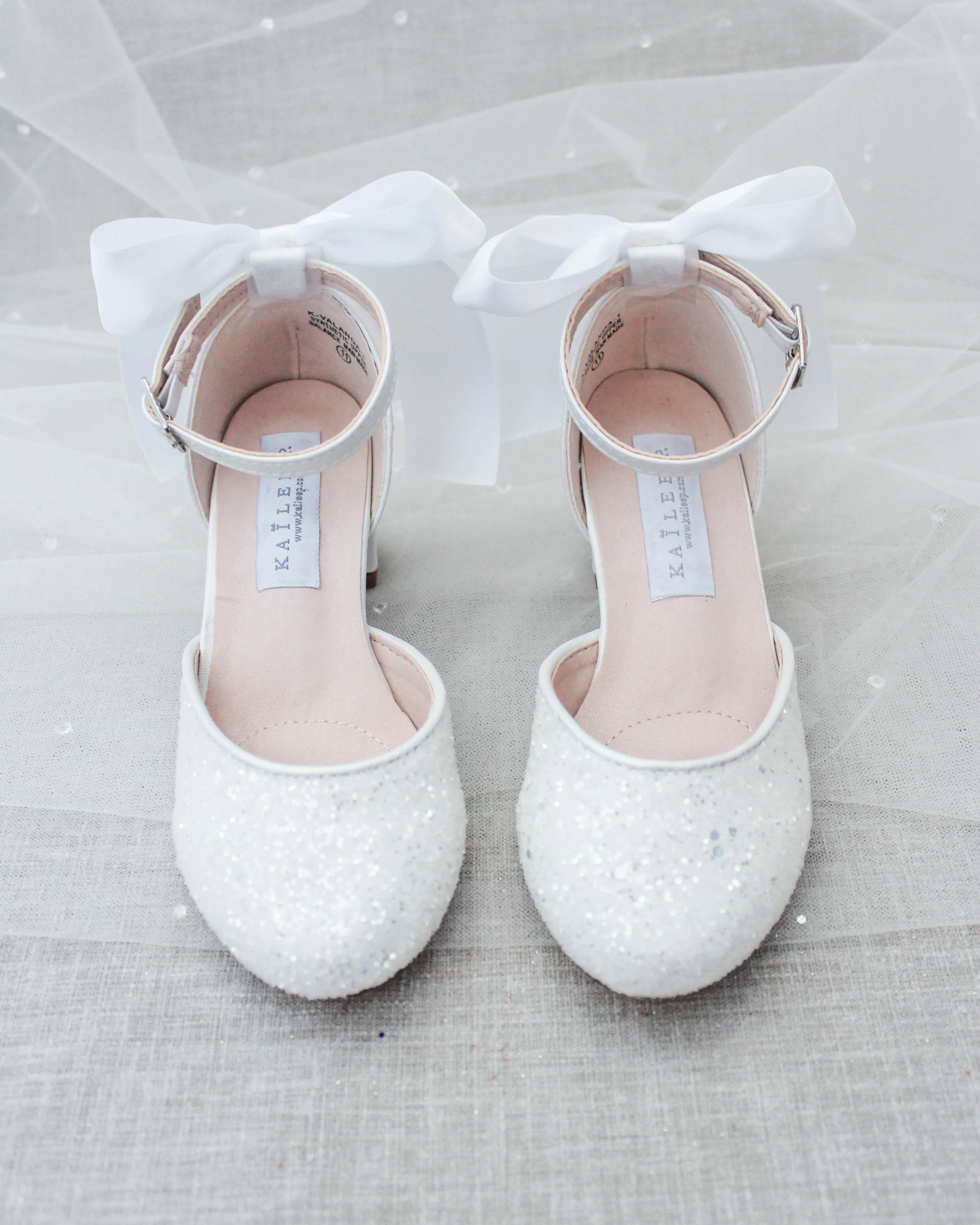 White Rock Glitter Kids Block Heel with Satin Back Bow