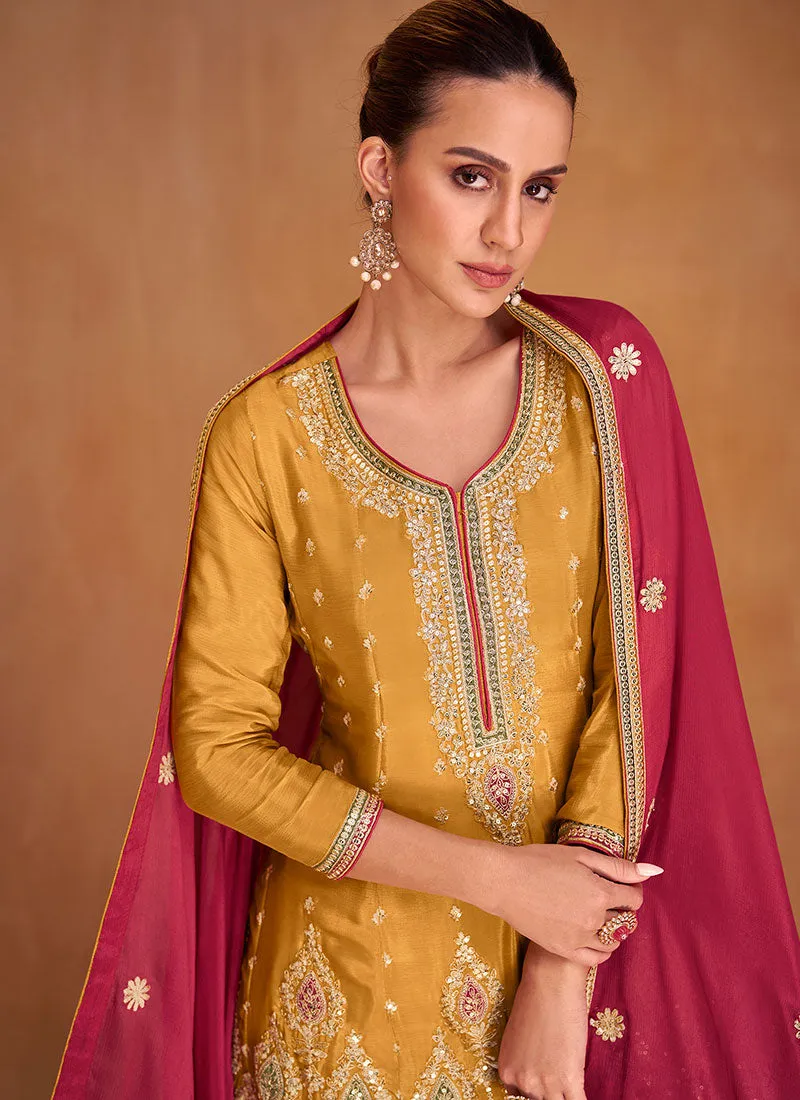 Yellow And Pink Multi Embroidery Sharara Suit