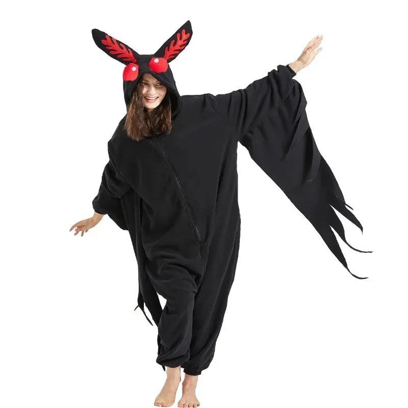 Zipper Mothman Suit Adult Animal Kigurumi Fleece Cosplay Onesie Pajamas Masquerade Cartoon Costume Halloween Party Jumpsuits